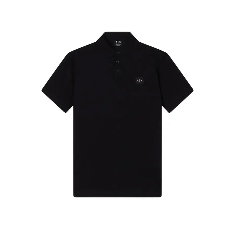 Black Armani Exchange men polo shirt in cotton with short sleeves and a subtle chest logo patch and collar detail