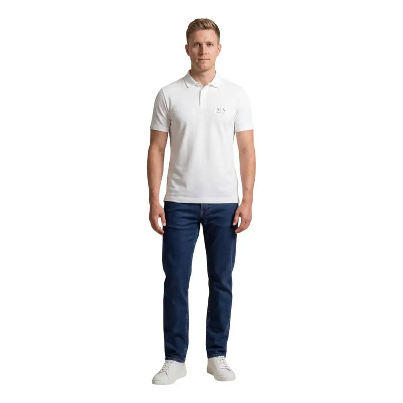 Armani Exchange men white cotton short sleeve polo shirt with a subtle embroidered logo on the left chest