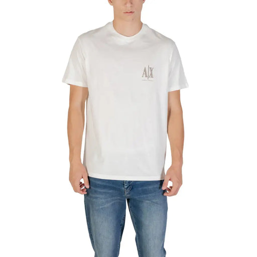 Armani Exchange men white cotton short sleeve round neck t shirt with subtle gray embroidered logo on left chest