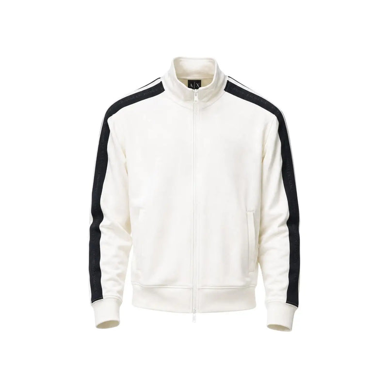 Armani Exchange Veste de survêtement zippée en coton blanc pour homme, avec bandes noires sur les manches et logo discret sur la poitrine