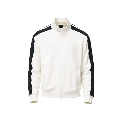 Armani Exchange men white cotton zip-up track jacket with black sleeve stripes and subtle chest logo