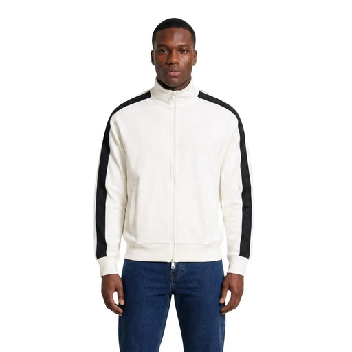 Armani Exchange men white cotton sweatshirt pocket with cream zip-up track jacket featuring black contrast stripes