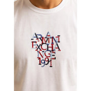 Armani exchange men white cotton t shirt with bold multi-colored red blue and black embroidered logo on front