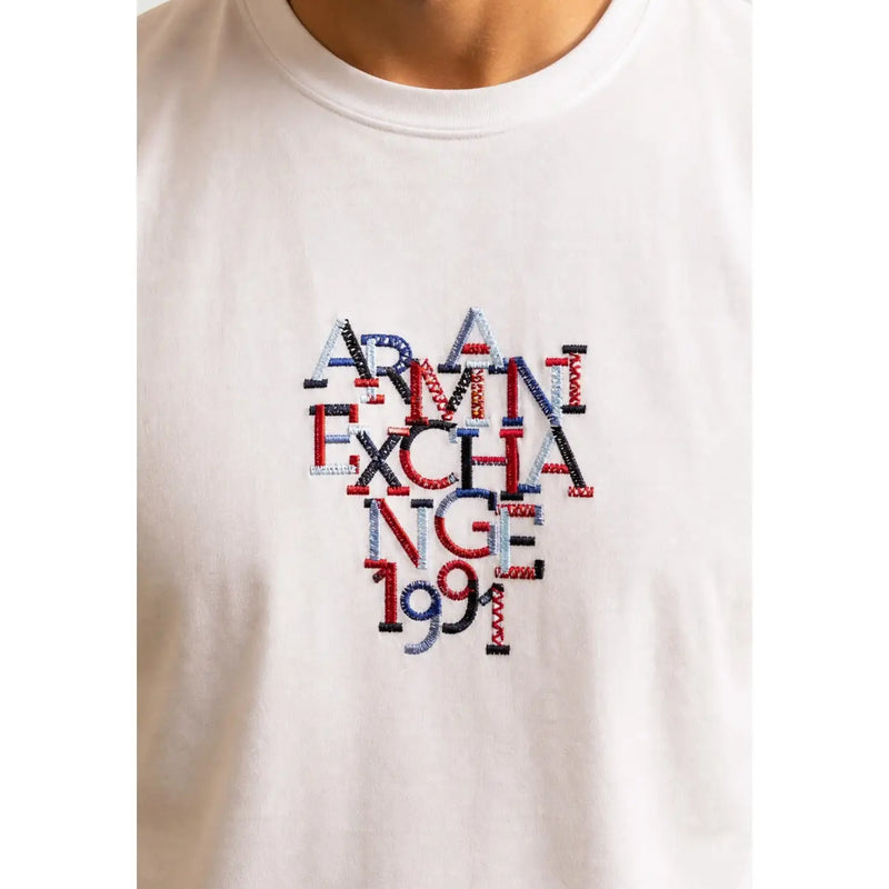 Armani exchange men white cotton t shirt with bold multi-colored red blue and black embroidered logo on front