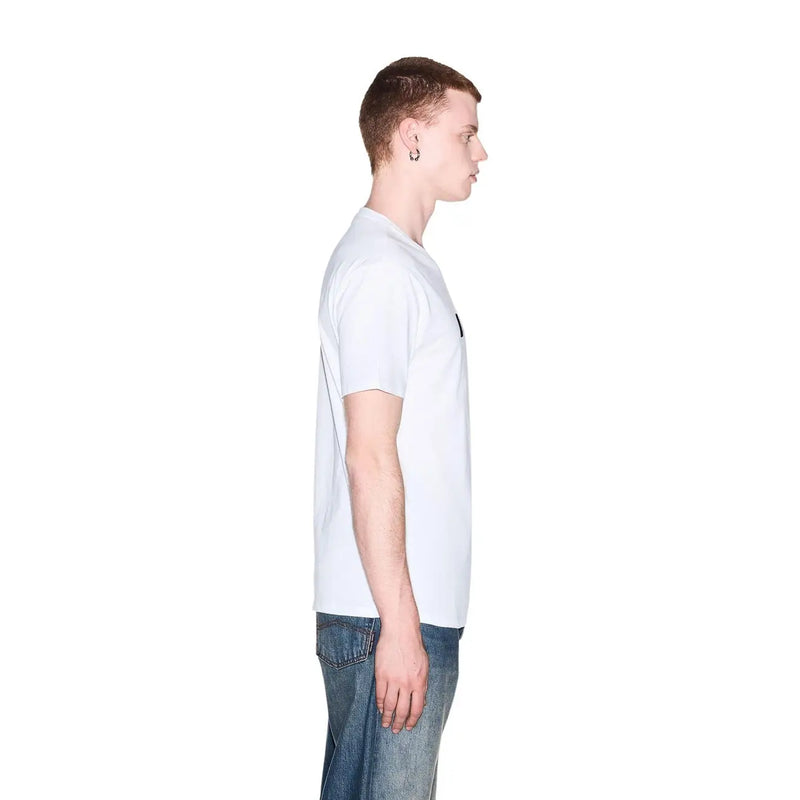 Armani Exchange men white cotton t shirt with a small black logo on the left chest in front view