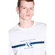 Armani Exchange men white cotton t shirt with bold blue ax logo and horizontal stripe across the chest