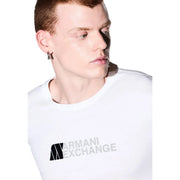 Armani Exchange men white cotton crew neck t shirt with black and gray logo print on front
