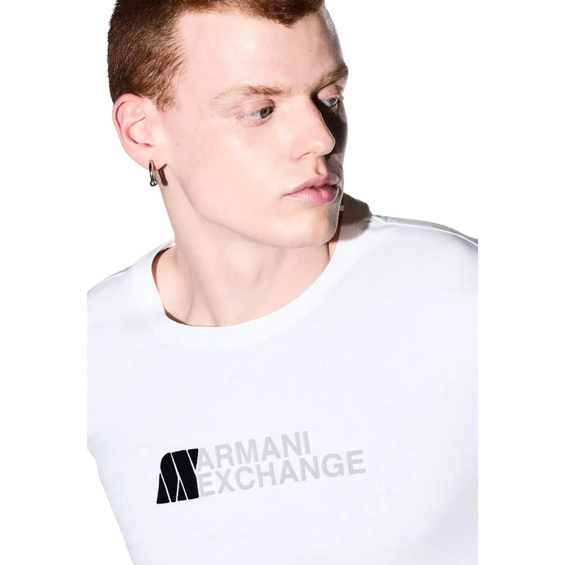 Armani Exchange men white cotton crew neck t shirt with black and gray logo print on front