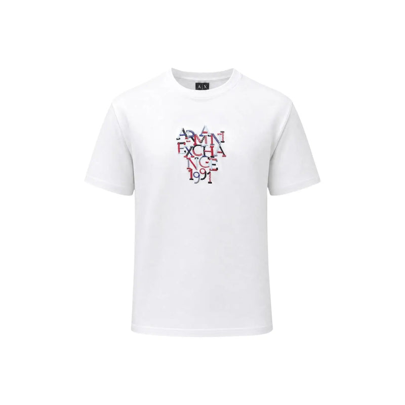 Armani exchange men white cotton t shirt with colorful layered graphic print and admin exchange 199 text in red and blue