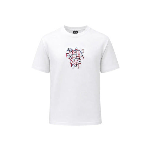 Armani exchange men white cotton t shirt with colorful layered graphic print and admin exchange 199 text in red and blue