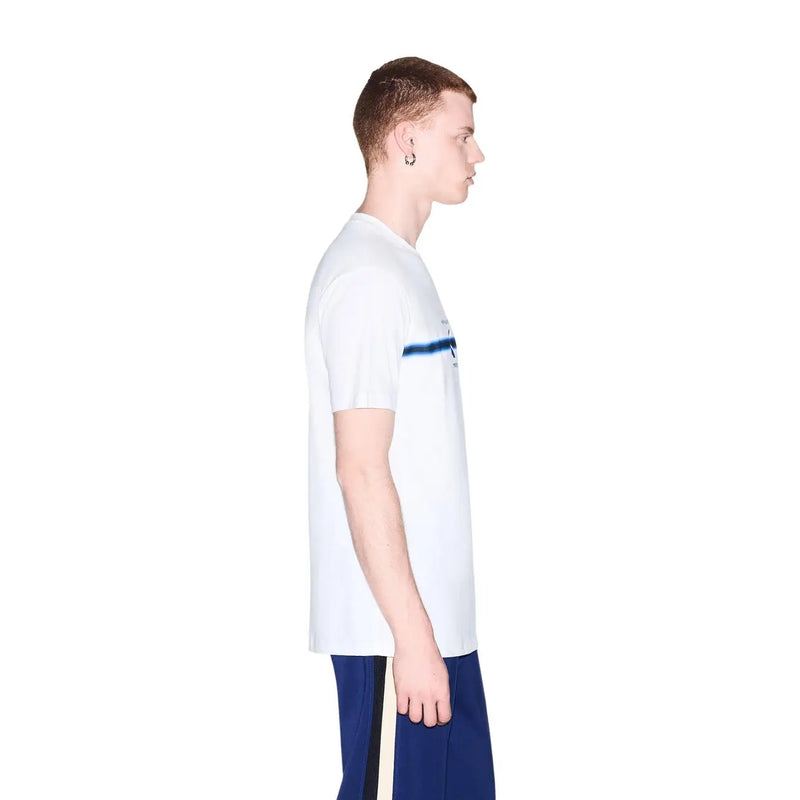 Armani Exchange men white cotton t shirt with a subtle blue horizontal stripe across the chest