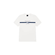 Armani Exchange men white cotton t shirt with navy blue horizontal stripe and logo centered on the chest