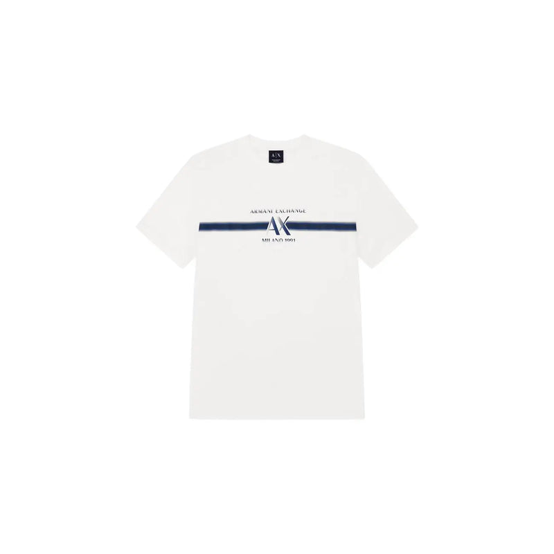 Armani Exchange men white cotton t shirt with navy blue horizontal stripe and logo centered on the chest