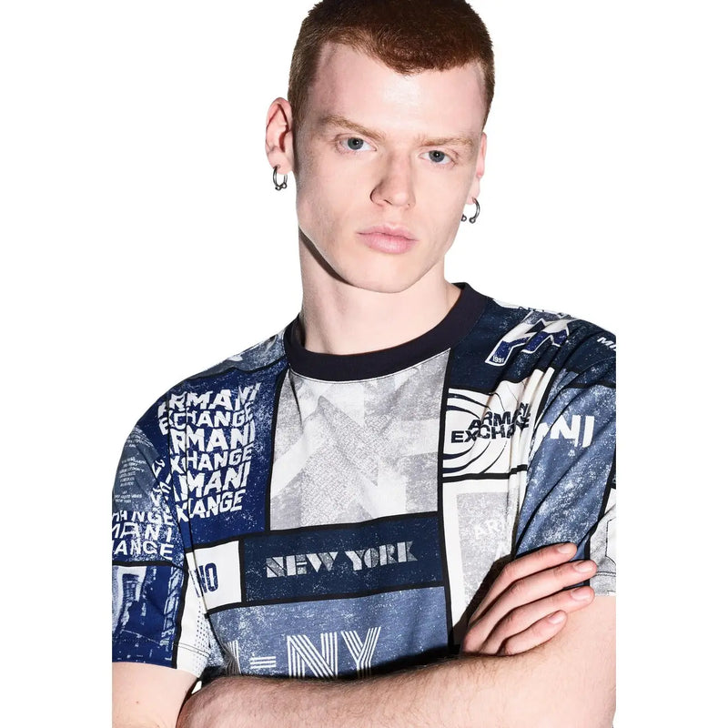 Armani Exchange men white cotton t shirt featuring a blue and white graphic tee with Armani Exchange branding
