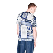 Armani Exchange men white cotton t shirt with blue and white graphic print featuring text logos and city names collage