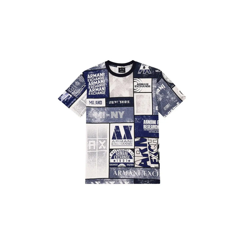 Armani Exchange men white cotton t shirt with blue and white graphic print collage of logos text and city references