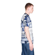 Armani Exchange men white cotton t shirt featuring blue and white graphic print with logos and abstract designs