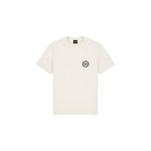 Cream-colored Armani Exchange men white cotton t shirt with subtle embroidered logo on the left chest