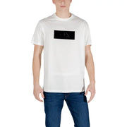 Armani Exchange men white cotton t shirt with black rectangular logo and silver foil arx brand name for everyday style