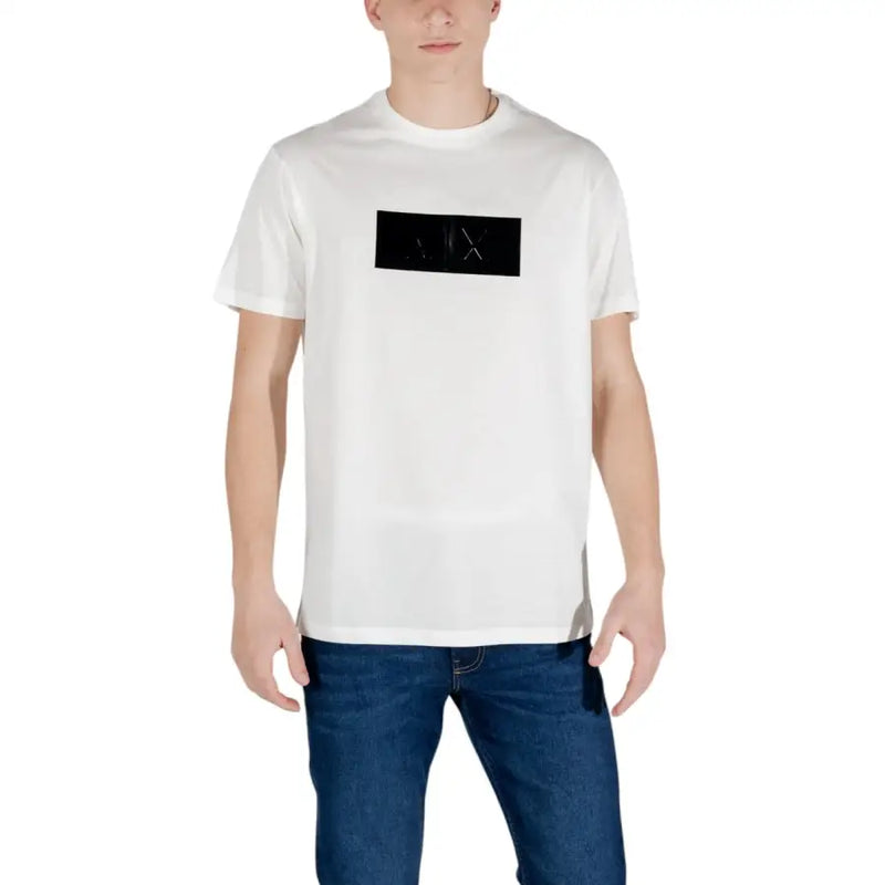 Armani Exchange men white cotton t shirt with black rectangular logo and silver foil arx brand name for everyday style