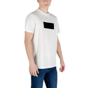 Armani Exchange men white cotton t shirt with black rectangular patch on the chest for everyday style