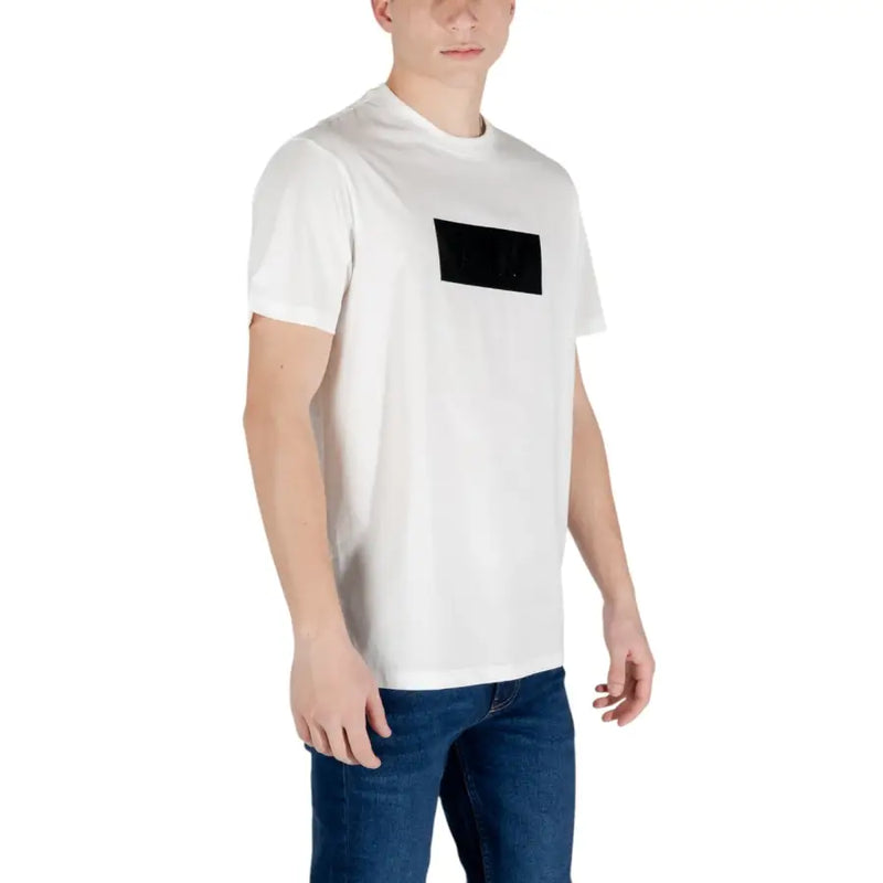 Armani Exchange men white cotton t shirt with black rectangular patch on the chest for everyday style