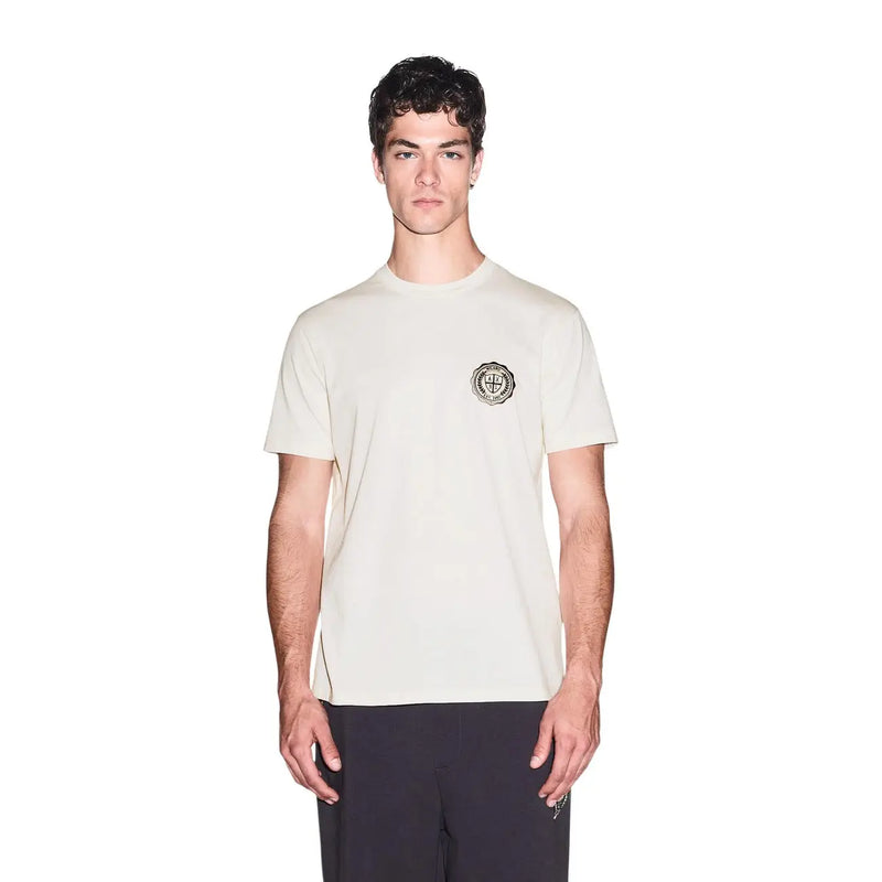 Armani Exchange men white cotton t shirt cream color with subtle embroidered circular logo on left chest