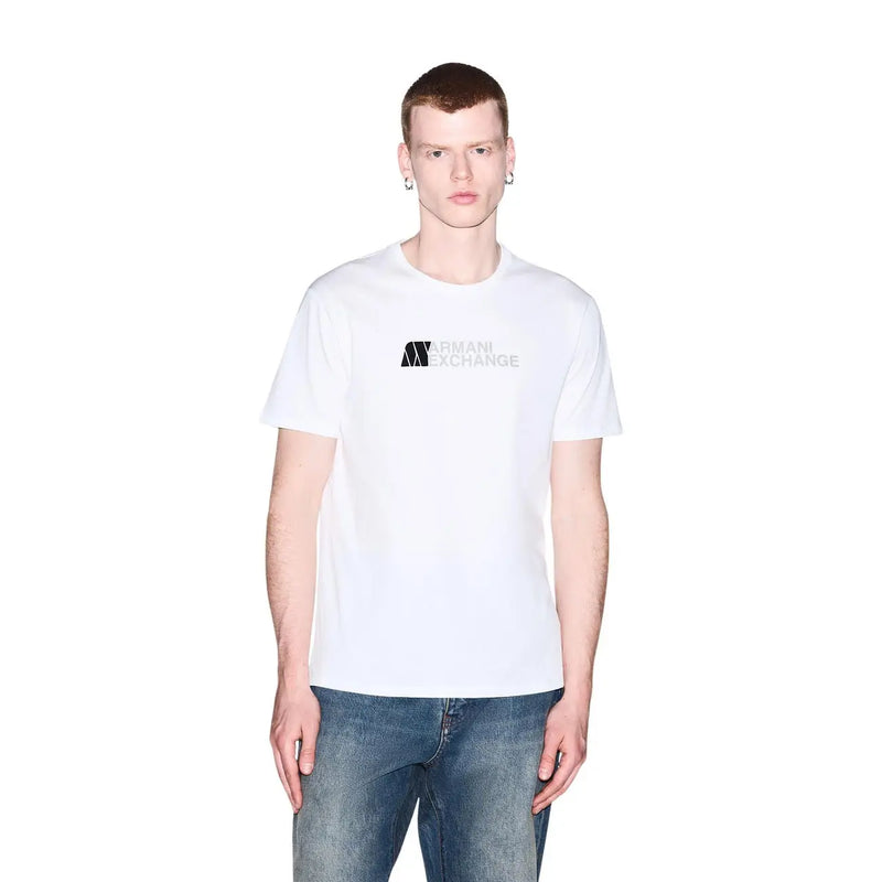 Armani Exchange men white cotton t shirt with a subtle black and silver logo on the chest