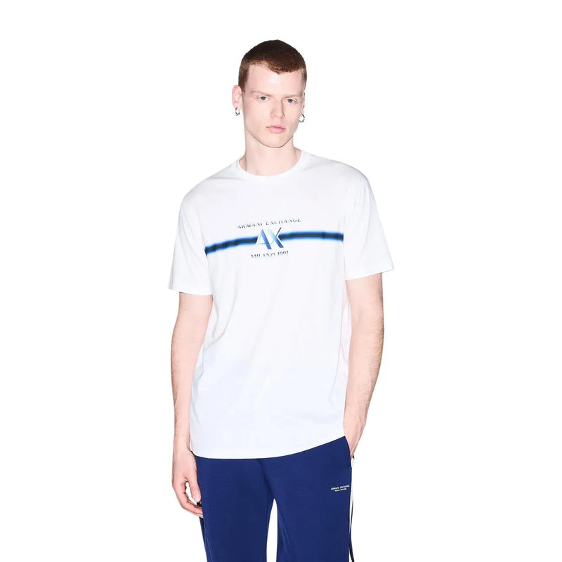 Armani Exchange men white cotton t shirt with a bold blue horizontal stripe and ax logo on the front