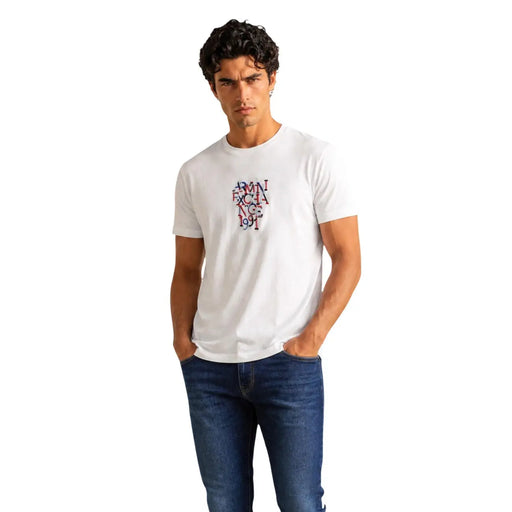 Armani Exchange men white cotton t shirt with red and blue embroidered army exchange 1947 graphic on the chest