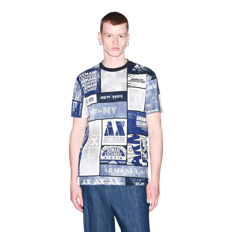 Armani Exchange men white cotton t shirt featuring blue and white graphic print with Armani Exchange branding