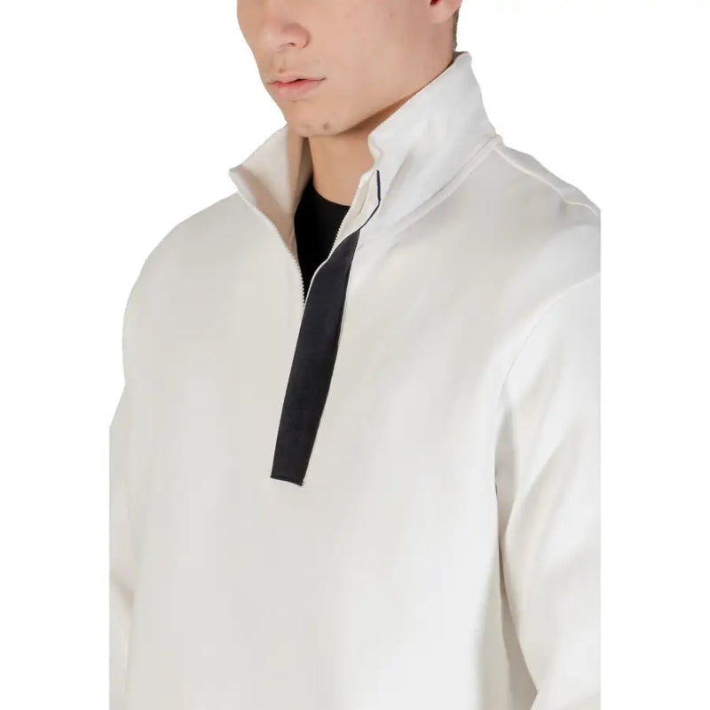 Armani Exchange men white long fall winter sweatshirt half-zip pullover with black zipper pull and contrasting trim