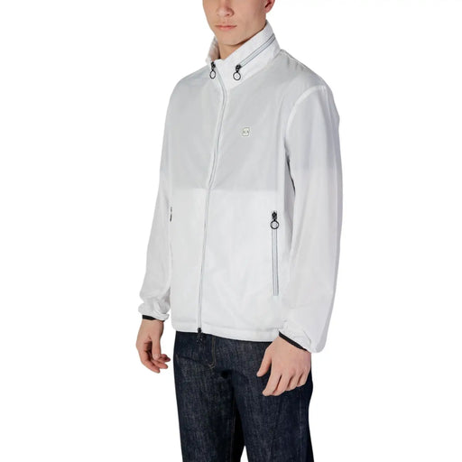 Armani Exchange men white polyester zip blazer with subtle color-block design and black zipper pulls