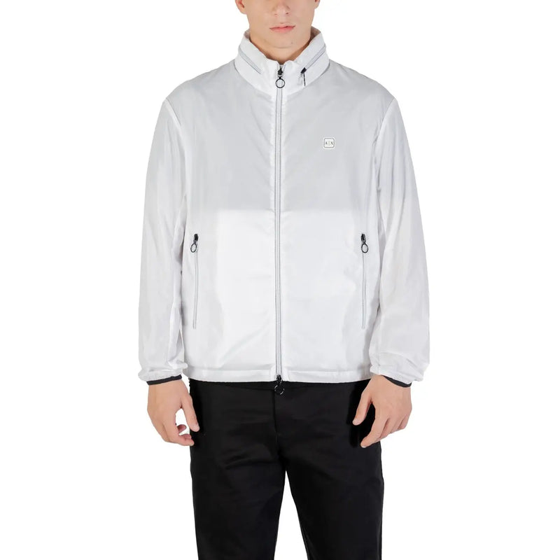 Armani Exchange Blazer blanc zippé pour homme en polyester avec un subtil effet dégradé et des tirettes de fermeture éclair noires.