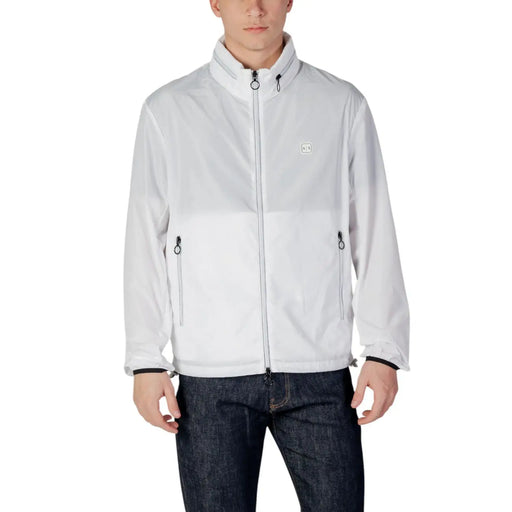 Armani Exchange men white polyester zip blazer with subtle color-block design and black zipper pulls