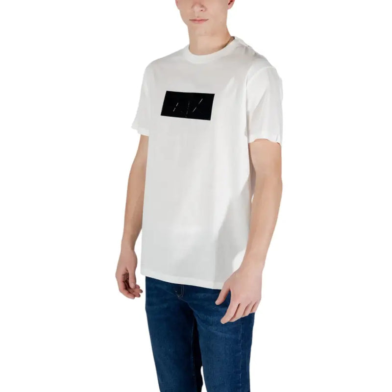 Men’s white cotton crew-neck T-shirt with black rectangular graphic from Armani Exchange