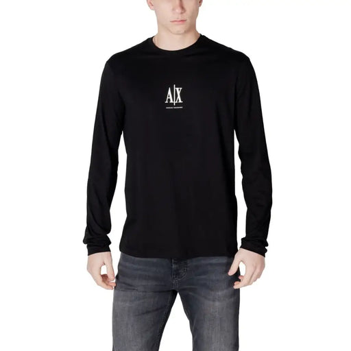 Men’s black long-sleeved crew-neck T-shirt with white graphic logo on chest
