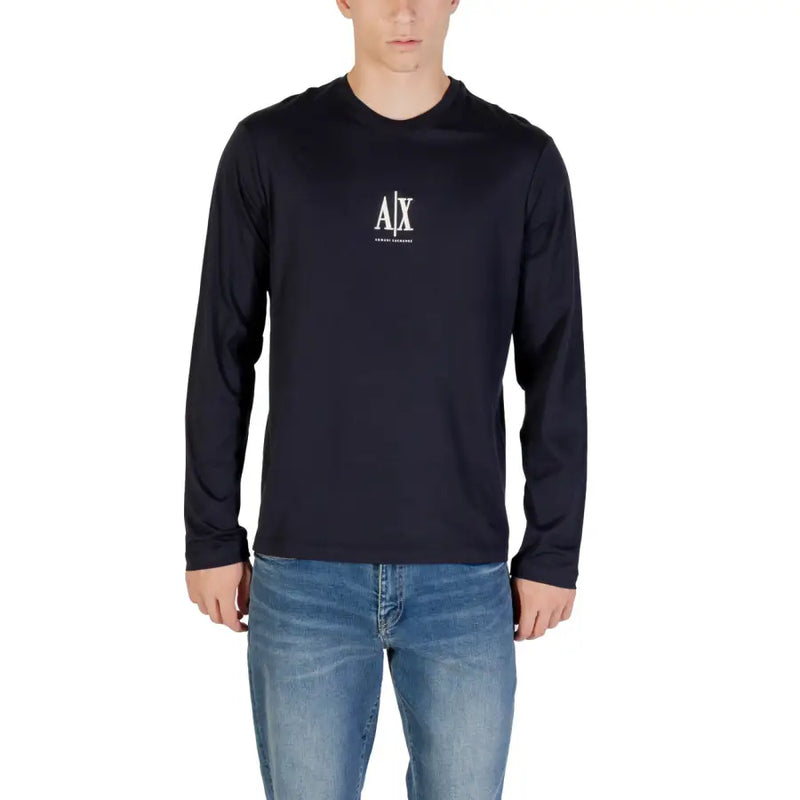 Men’s navy blue long-sleeve T-shirt with white graphic print from Armani Exchange