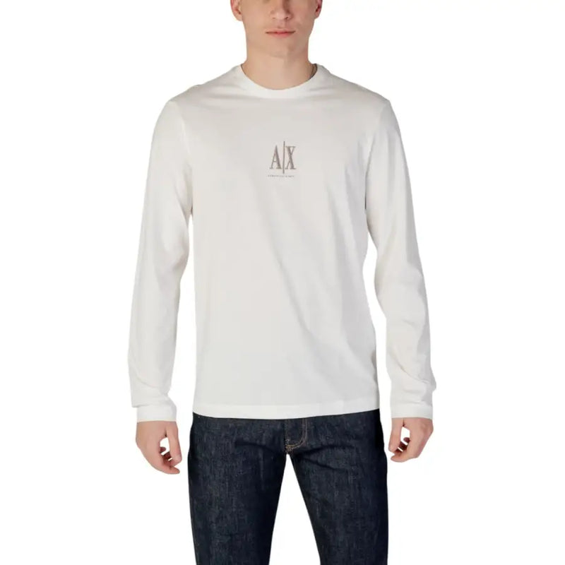 Armani Exchange men white long-sleeved cotton t shirt with subtle gray logo on the chest and round neck
