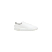Armani Exchange men white sporty polyester sneaker with silver mesh heel accent and chunky white sole shown from the back