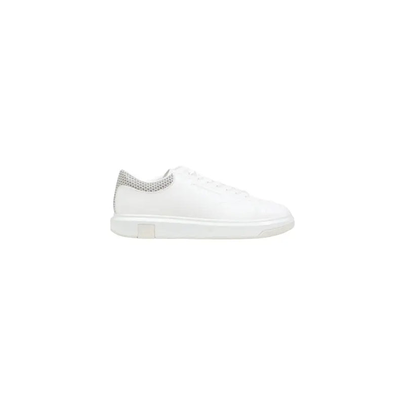 Armani Exchange men white sporty polyester sneaker with silver mesh heel accent and chunky white sole shown from the back