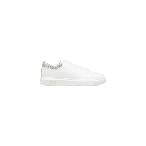 Armani Exchange men white sporty polyester sneaker with silver mesh heel accent and chunky white sole shown from the back