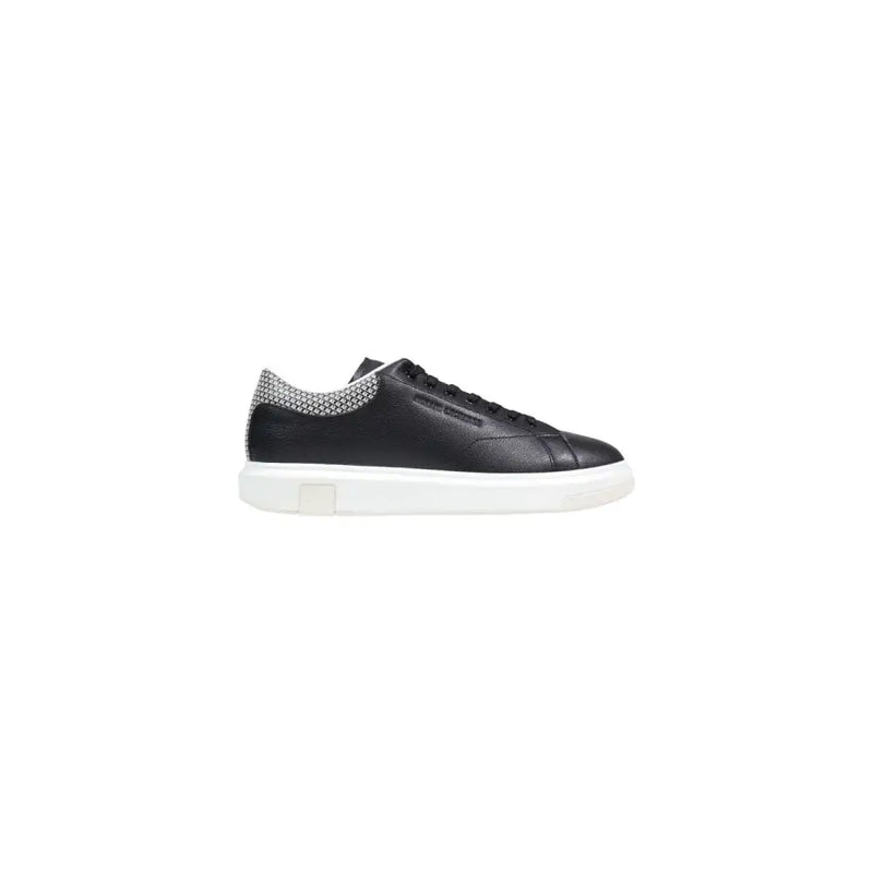 Armani Exchange men white sporty polyester sneakers with black leather low top and silver textured heel tab