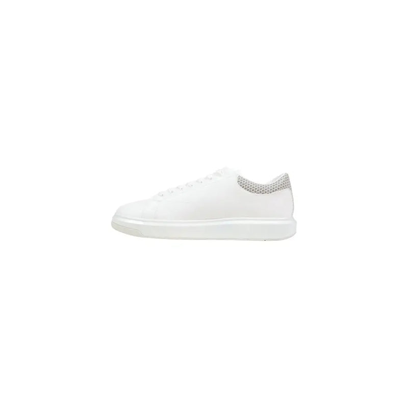 Armani Exchange men white sporty polyester sneaker with sleek minimalist design and subtle gray mesh heel detailing back view