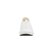 Armani Exchange men white sporty polyester slip-on sneaker with glossy finish and black sole shown from the back