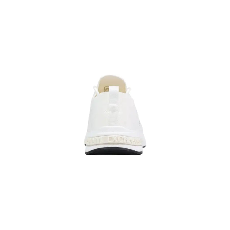 Armani Exchange men white sporty polyester slip-on sneaker with glossy finish and black sole shown from the back