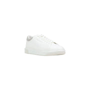 Armani Exchange men white sporty low-top sneaker with smooth leather upper silver mesh heel detail and white rubber sole