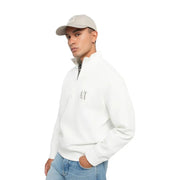 Armani Exchange Weißes Herren-Sweatshirt aus Baumwolle mit halbem Reißverschluss, dezentem grauen Logo auf der Brust und Rollkragen