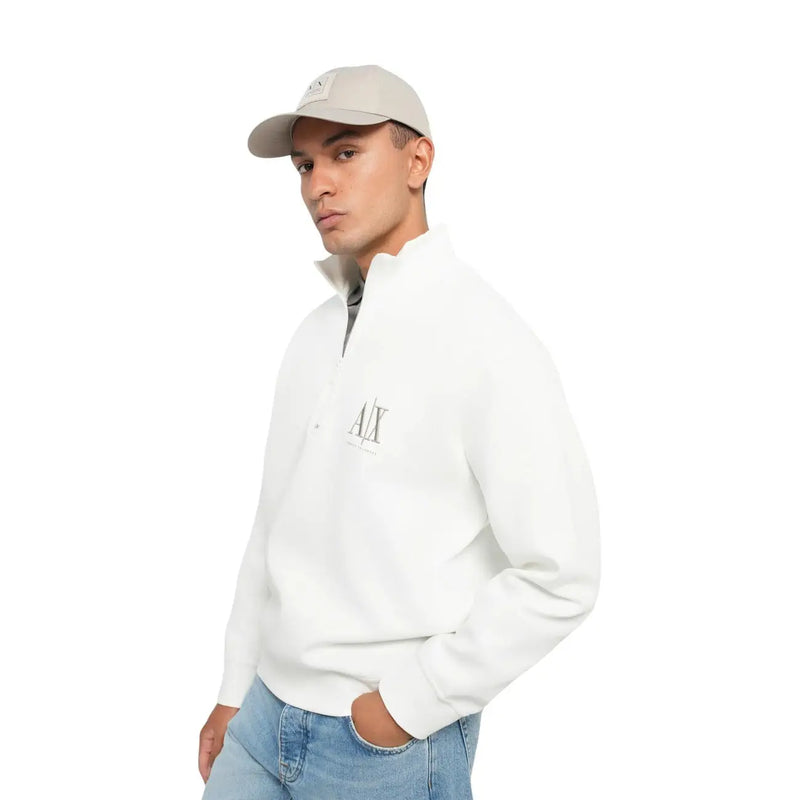 Armani Exchange Weißes Herren-Sweatshirt aus Baumwolle mit halbem Reißverschluss, dezentem grauen Logo auf der Brust und Rollkragen