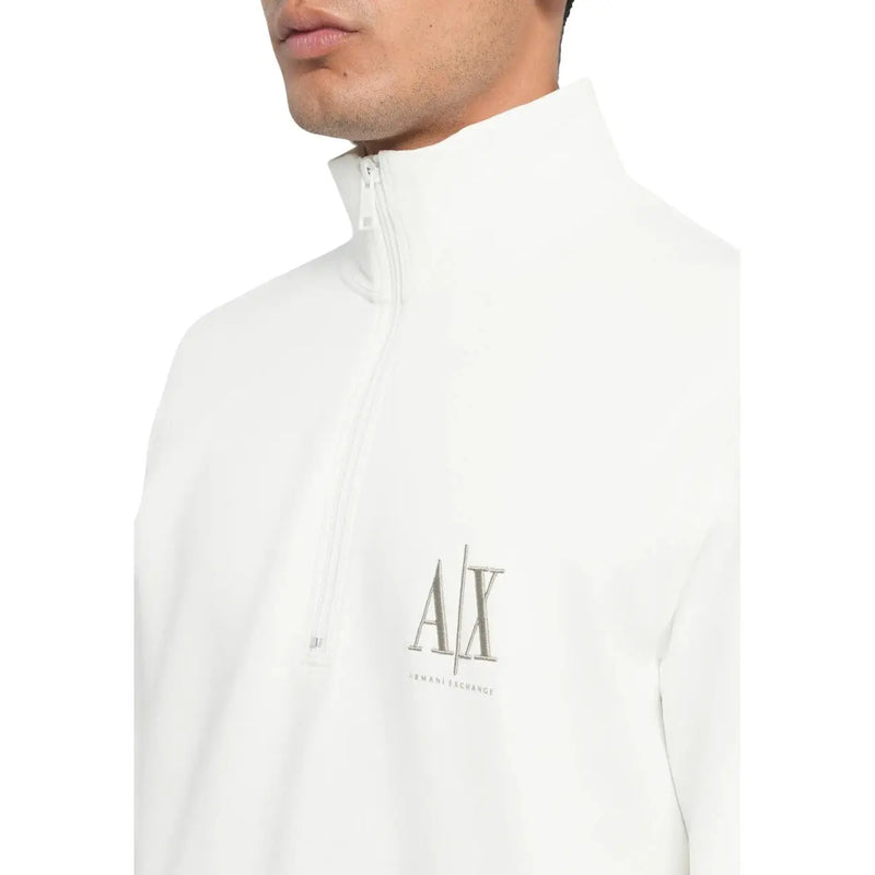 Armani Exchange Weißes Herren-Sweatshirt aus Baumwolle mit halbem Reißverschluss und dezentem silbernen Logo auf der Brust